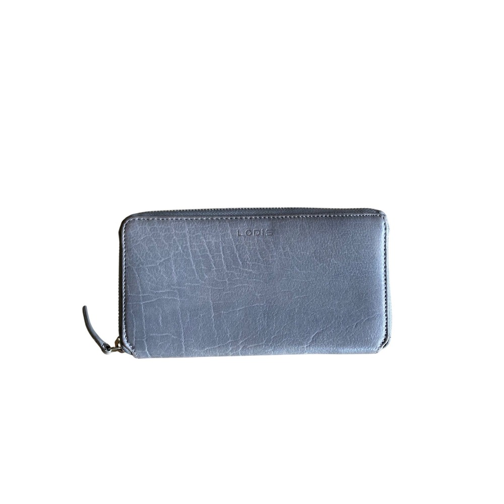 Lodis Gray Genuine Leather Zip Around Continental Clutch Wallet Tan Interior